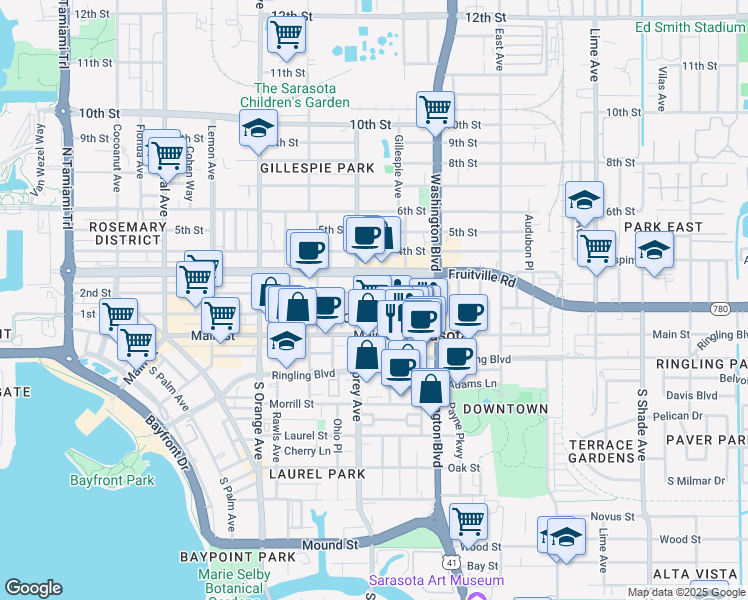map of restaurants, bars, coffee shops, grocery stores, and more near 1800 2nd Street in Sarasota