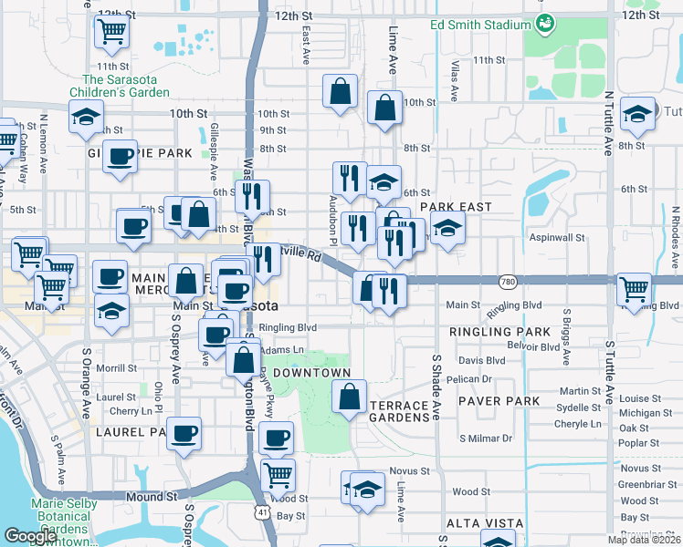 map of restaurants, bars, coffee shops, grocery stores, and more near 2195 1st Street in Sarasota
