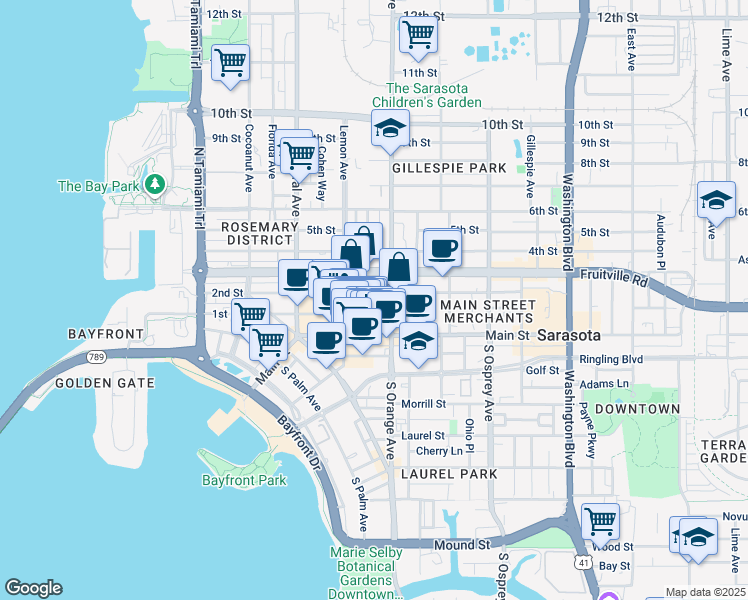 map of restaurants, bars, coffee shops, grocery stores, and more near 1565 1st Street in Sarasota
