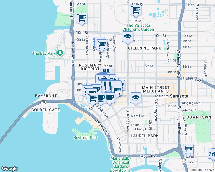 map of restaurants, bars, coffee shops, grocery stores, and more near 1417 1st Street in Sarasota