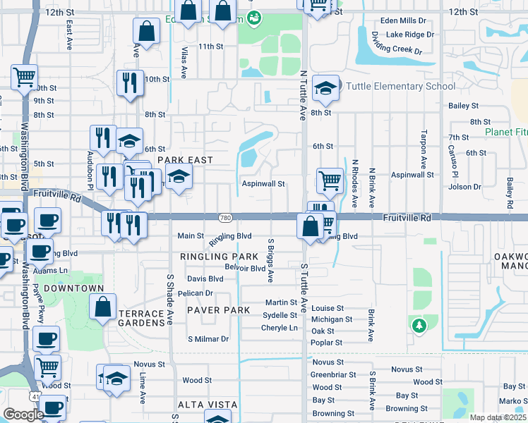 map of restaurants, bars, coffee shops, grocery stores, and more near 2681 Fruitville Road in Sarasota