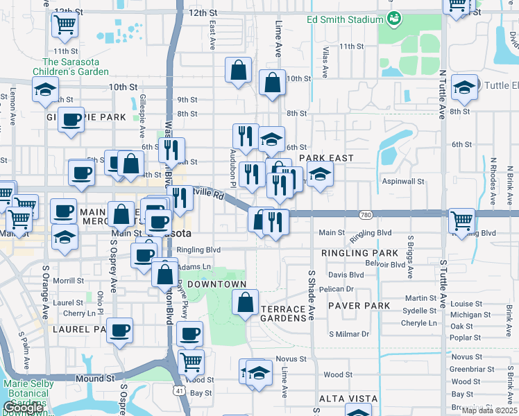 map of restaurants, bars, coffee shops, grocery stores, and more near 2237 Fruitville Road in Sarasota