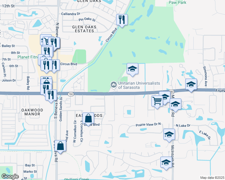 map of restaurants, bars, coffee shops, grocery stores, and more near 314 Bobby Jones Road in Sarasota