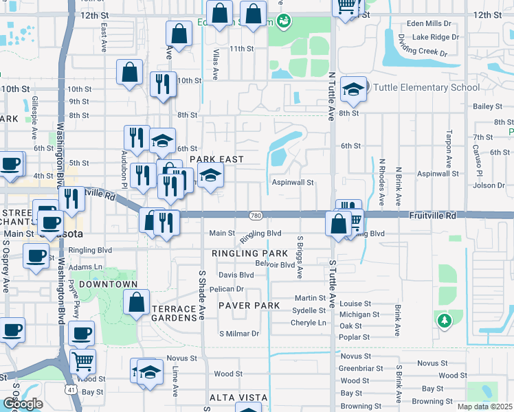map of restaurants, bars, coffee shops, grocery stores, and more near 135 Suntan Avenue in Sarasota