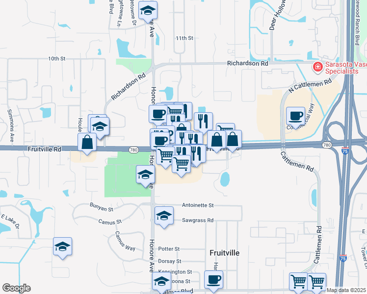 map of restaurants, bars, coffee shops, grocery stores, and more near 5541 Fruitville Road in Sarasota