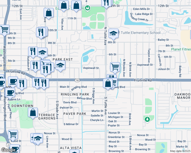 map of restaurants, bars, coffee shops, grocery stores, and more near 2681 Fruitville Road in Sarasota