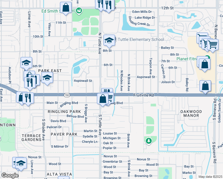 map of restaurants, bars, coffee shops, grocery stores, and more near 2803 Fruitville Road in Sarasota