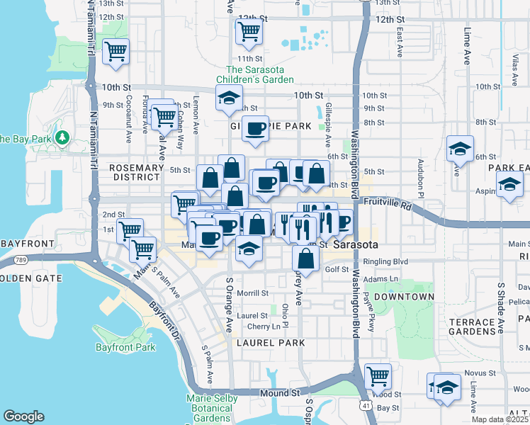 map of restaurants, bars, coffee shops, grocery stores, and more near 107 Goodrich Avenue in Sarasota