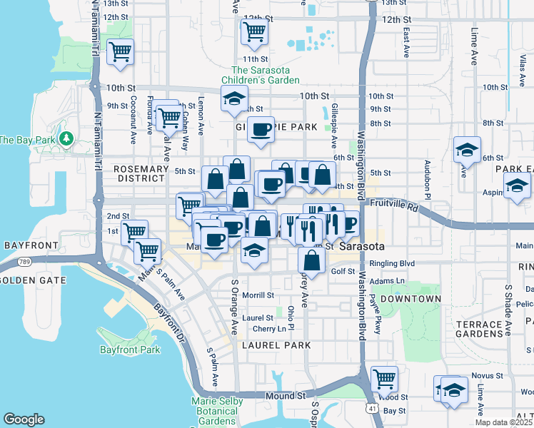 map of restaurants, bars, coffee shops, grocery stores, and more near 107 Goodrich Avenue in Sarasota