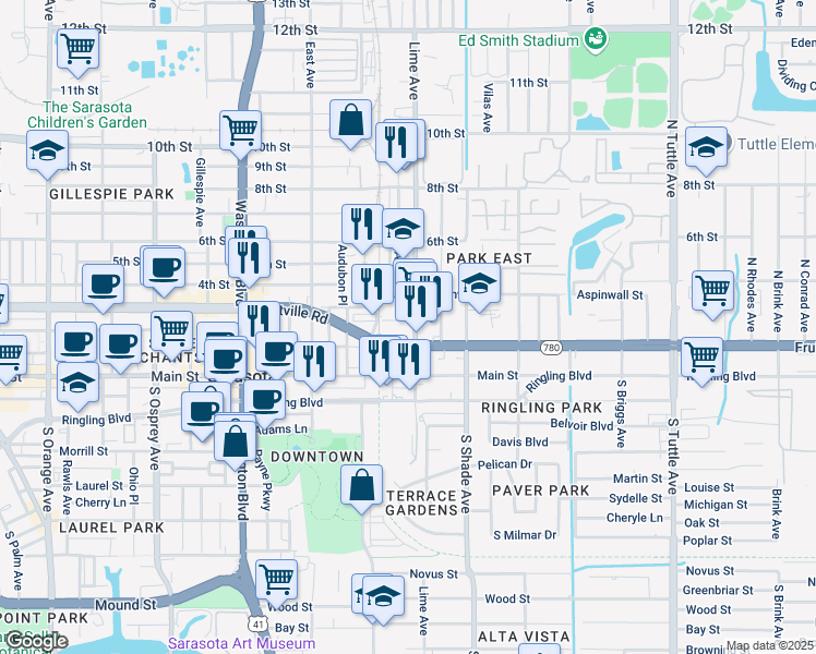 map of restaurants, bars, coffee shops, grocery stores, and more near in Sarasota