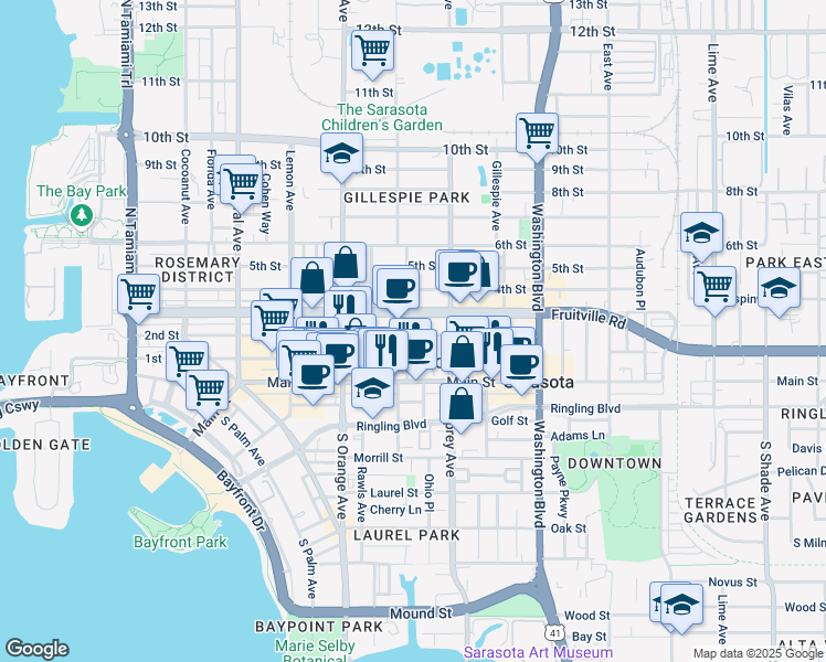 map of restaurants, bars, coffee shops, grocery stores, and more near 107 Goodrich Avenue in Sarasota