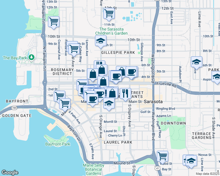 map of restaurants, bars, coffee shops, grocery stores, and more near 1659 2nd Street in Sarasota