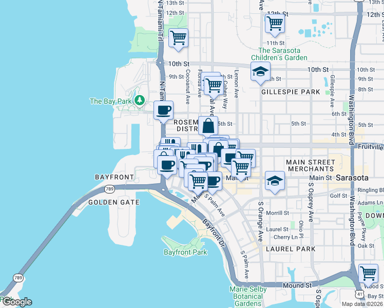 map of restaurants, bars, coffee shops, grocery stores, and more near 200 Cocoanut Avenue in Sarasota