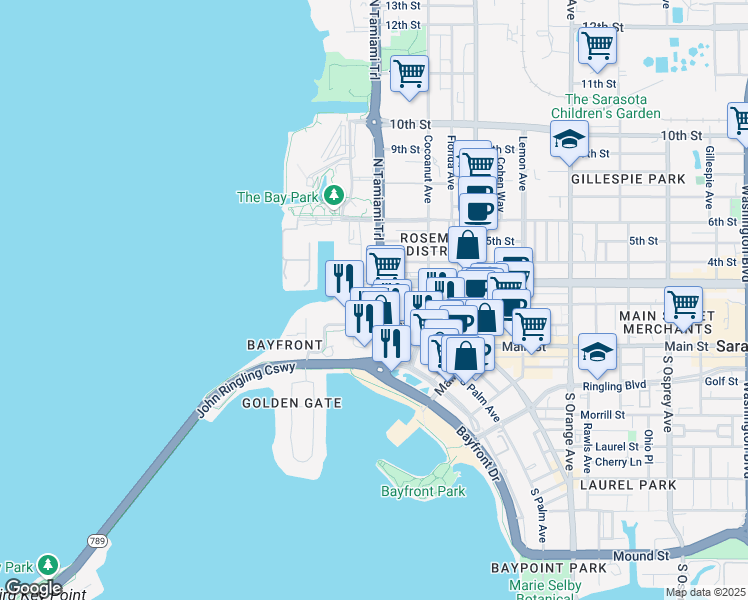 map of restaurants, bars, coffee shops, grocery stores, and more near 100 North Tamiami Trail in Sarasota