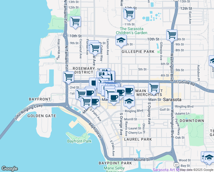 map of restaurants, bars, coffee shops, grocery stores, and more near 1525 1st Street in Sarasota