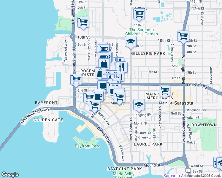 map of restaurants, bars, coffee shops, grocery stores, and more near in Sarasota