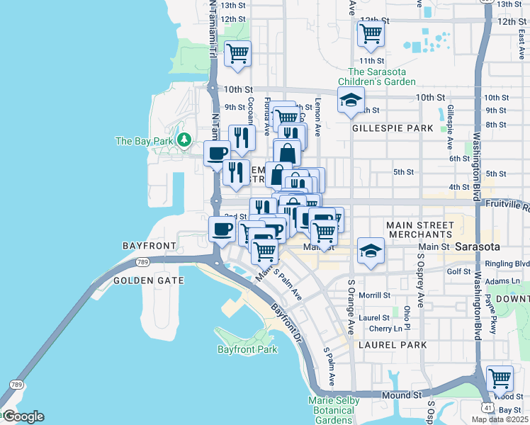 map of restaurants, bars, coffee shops, grocery stores, and more near 1359 Fruitville Road in Sarasota