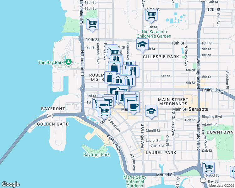map of restaurants, bars, coffee shops, grocery stores, and more near in Sarasota
