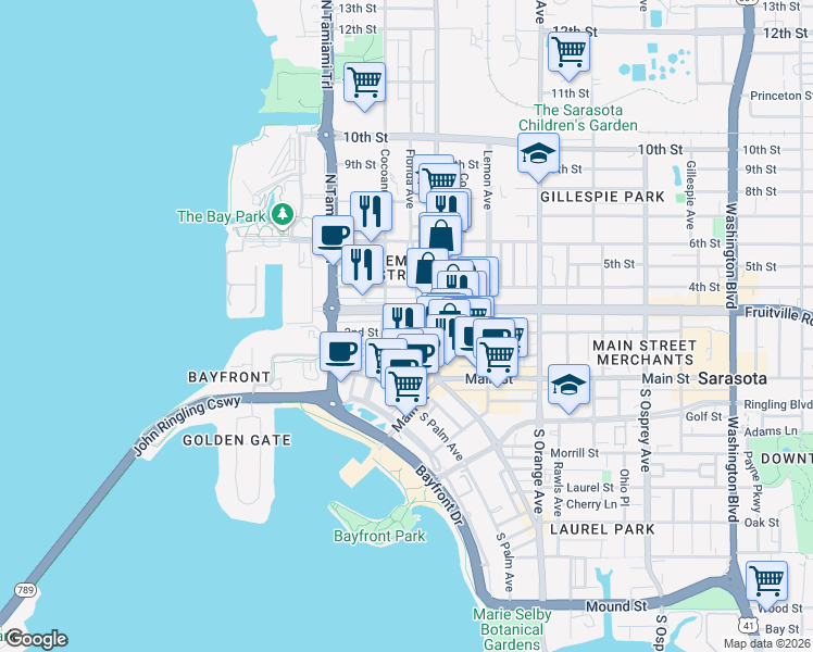 map of restaurants, bars, coffee shops, grocery stores, and more near 1359 Fruitville Road in Sarasota