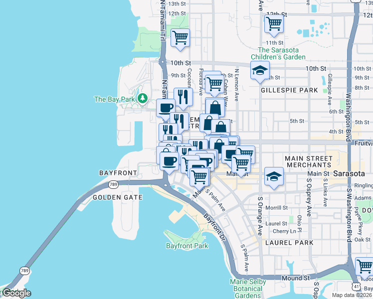 map of restaurants, bars, coffee shops, grocery stores, and more near 201 Cocoanut Avenue in Sarasota