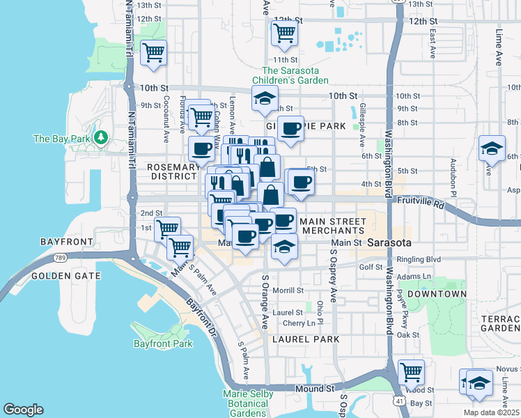 map of restaurants, bars, coffee shops, grocery stores, and more near 1577 Fruitville Road in Sarasota