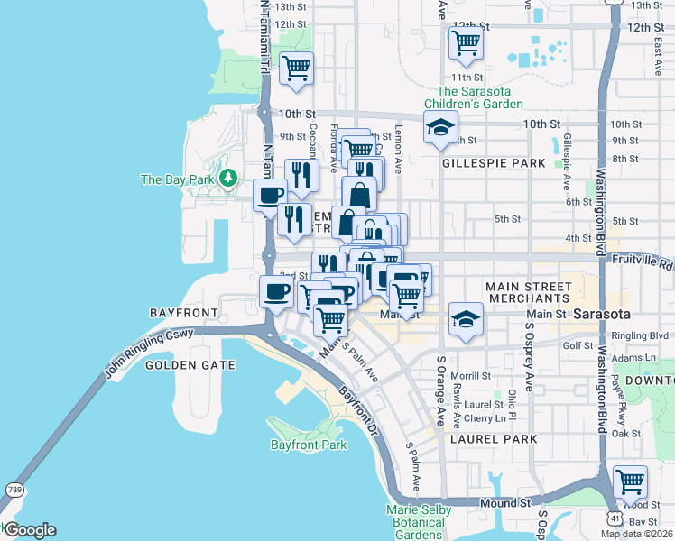 map of restaurants, bars, coffee shops, grocery stores, and more near 1359 Fruitville Road in Sarasota
