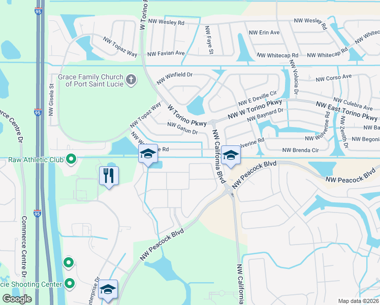 map of restaurants, bars, coffee shops, grocery stores, and more near 6006 Northwest Wolverine Road in Port St. Lucie