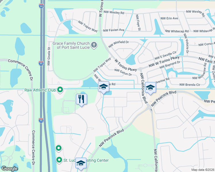 map of restaurants, bars, coffee shops, grocery stores, and more near 6033 Northwest Wolverine Road in Port St. Lucie