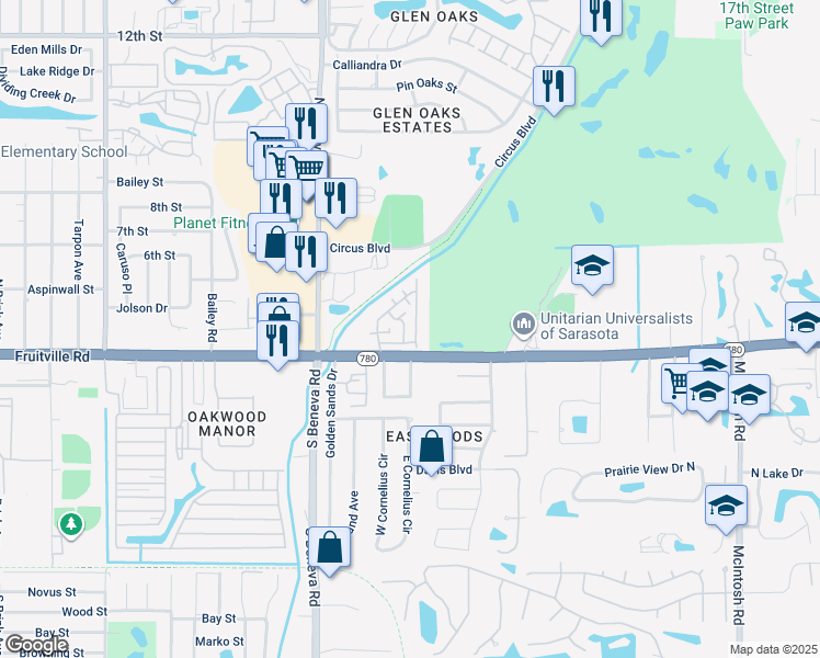 map of restaurants, bars, coffee shops, grocery stores, and more near 3741 Colby Street in Sarasota