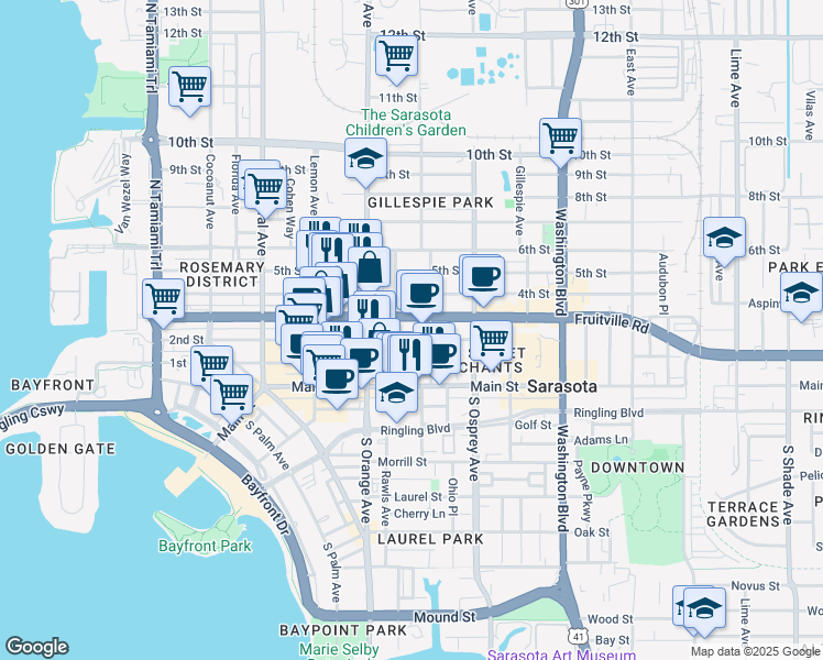 map of restaurants, bars, coffee shops, grocery stores, and more near 1645 Fruitville Road in Sarasota