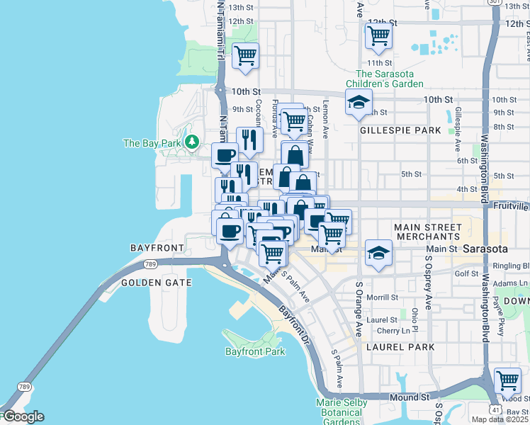 map of restaurants, bars, coffee shops, grocery stores, and more near 1283B Fruitville Road in Sarasota