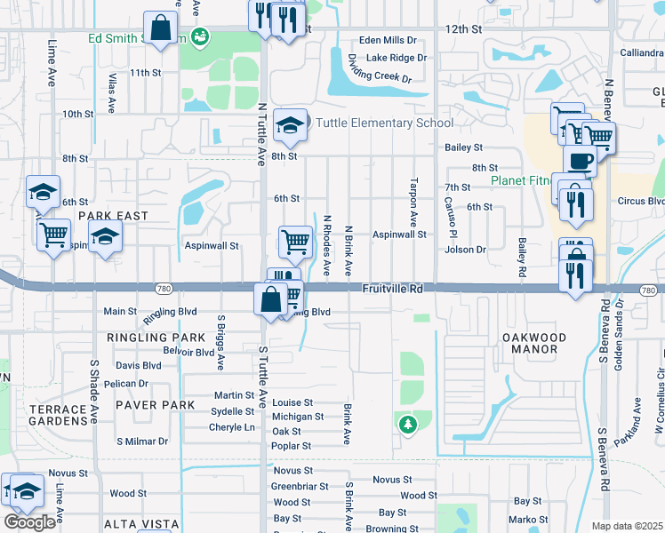 map of restaurants, bars, coffee shops, grocery stores, and more near 235 North Brink Avenue in Sarasota