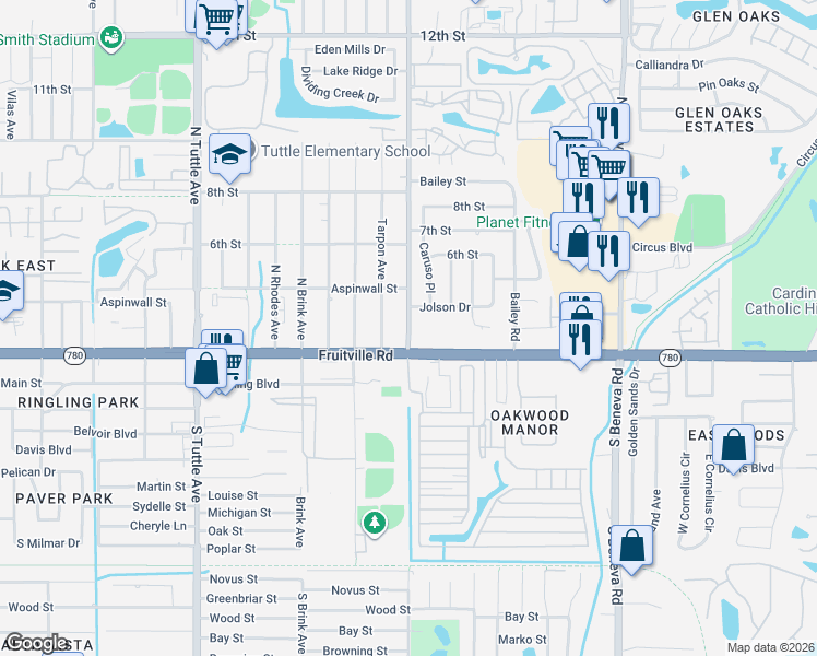map of restaurants, bars, coffee shops, grocery stores, and more near 198 North Lockwood Ridge Road in Sarasota