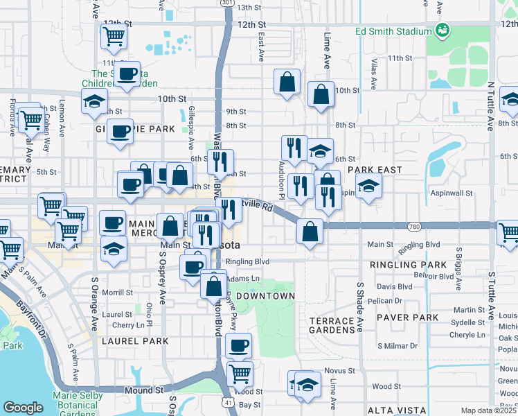 map of restaurants, bars, coffee shops, grocery stores, and more near 100 East Avenue in Sarasota