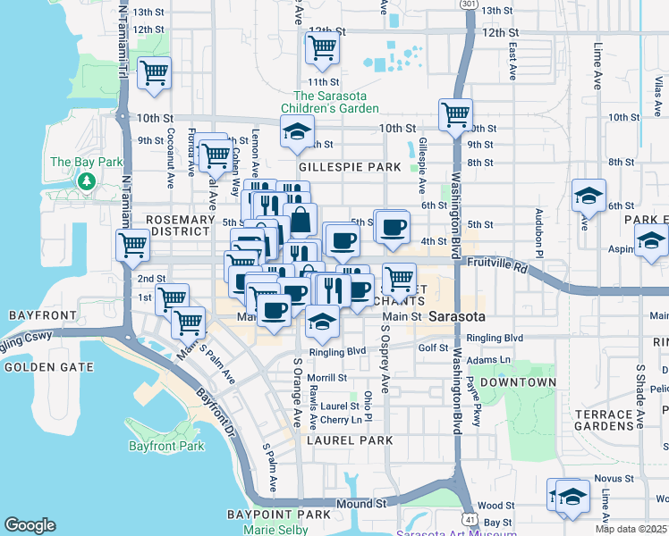 map of restaurants, bars, coffee shops, grocery stores, and more near 1645 Fruitville Road in Sarasota