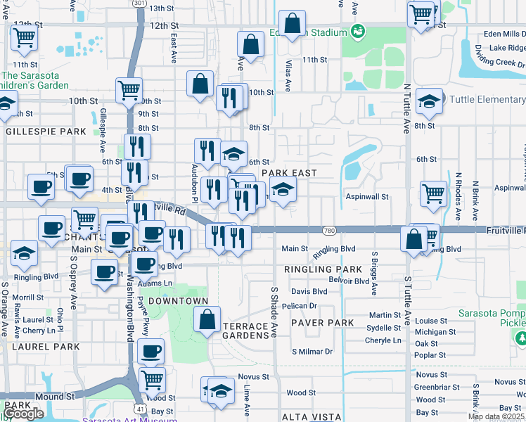 map of restaurants, bars, coffee shops, grocery stores, and more near 275 North Shade Avenue in Sarasota
