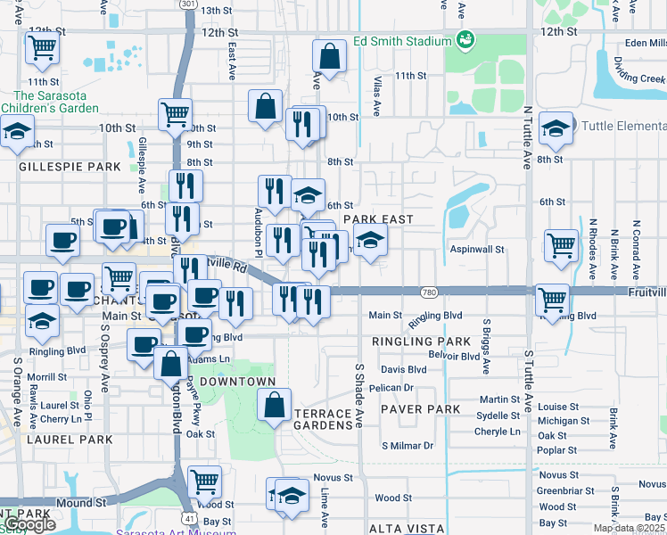 map of restaurants, bars, coffee shops, grocery stores, and more near 276 North Lime Avenue in Sarasota