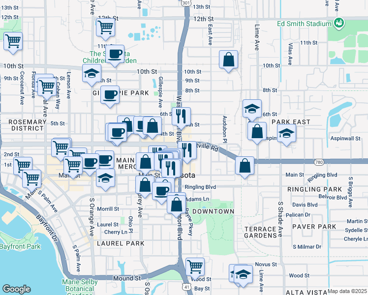 map of restaurants, bars, coffee shops, grocery stores, and more near 2029 Fruitville Road in Sarasota