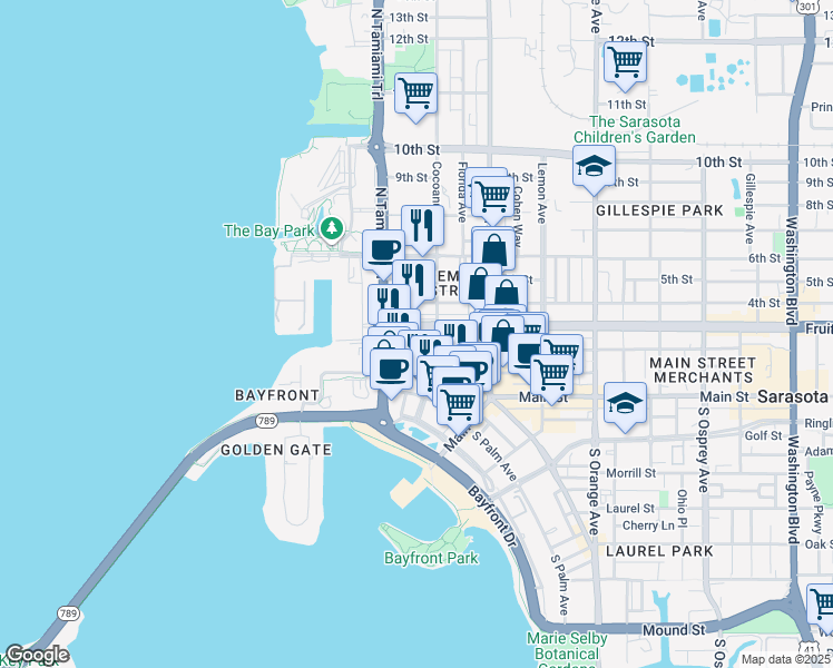 map of restaurants, bars, coffee shops, grocery stores, and more near in Sarasota
