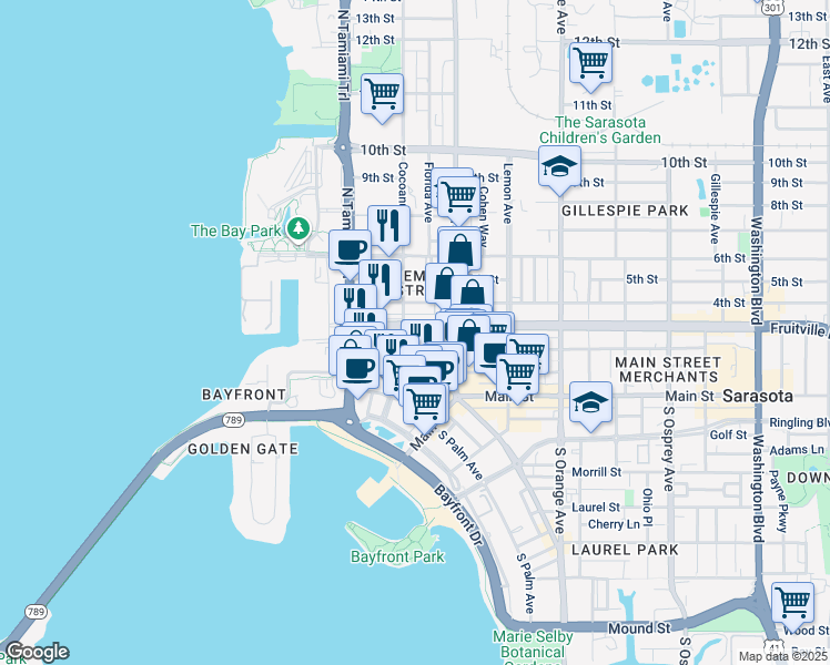 map of restaurants, bars, coffee shops, grocery stores, and more near in Sarasota