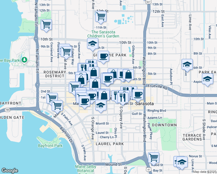 map of restaurants, bars, coffee shops, grocery stores, and more near 1711 Fruitville Road in Sarasota