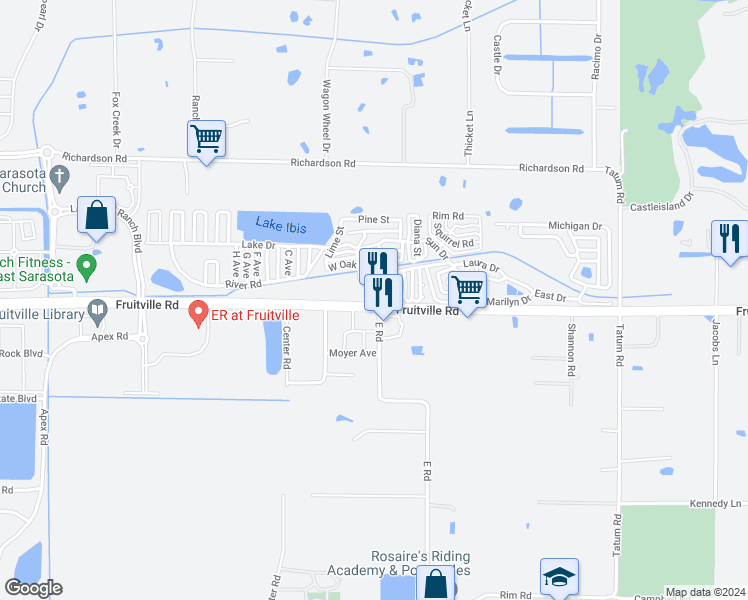 map of restaurants, bars, coffee shops, grocery stores, and more near 2 East Road in Sarasota