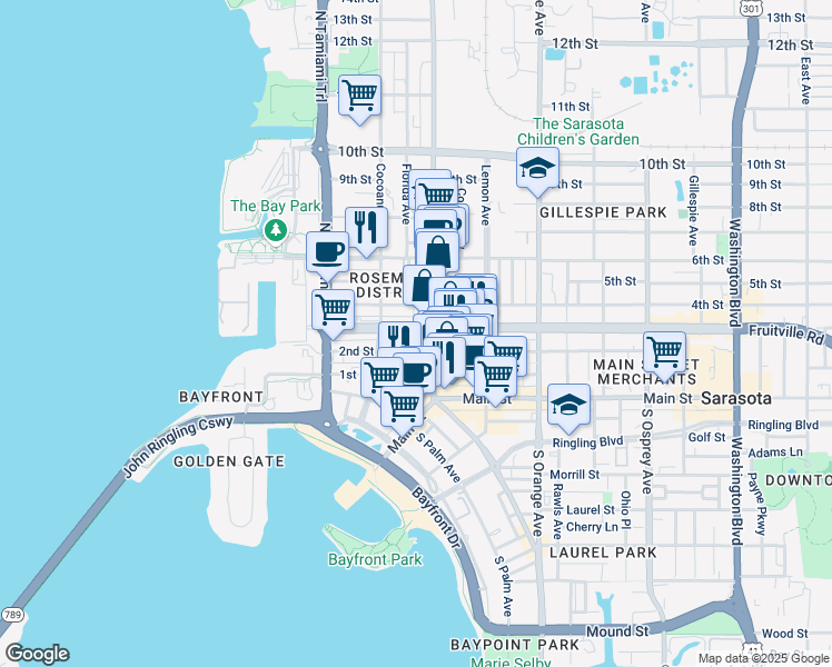 map of restaurants, bars, coffee shops, grocery stores, and more near 1359 Fruitville Road in Sarasota