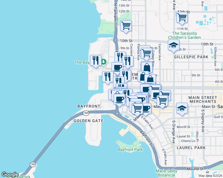 map of restaurants, bars, coffee shops, grocery stores, and more near 475 Quay Commons in Sarasota