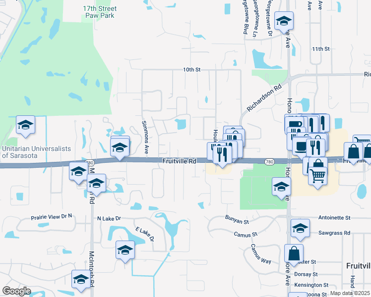 map of restaurants, bars, coffee shops, grocery stores, and more near 4783 Fruitville Road in Sarasota