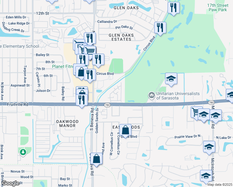 map of restaurants, bars, coffee shops, grocery stores, and more near 3741 Colby Street in Sarasota