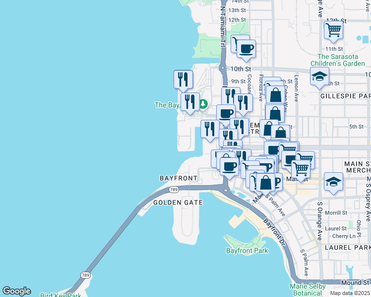 map of restaurants, bars, coffee shops, grocery stores, and more near 888 Boulevard of the Arts in Sarasota