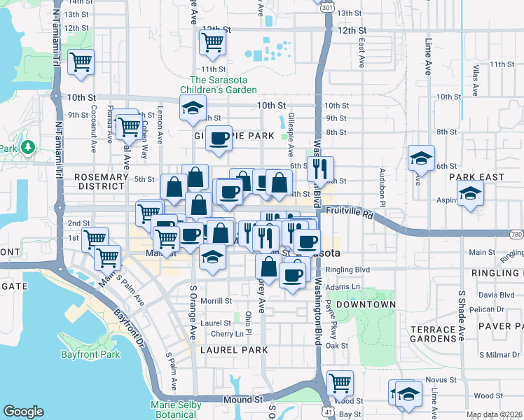 map of restaurants, bars, coffee shops, grocery stores, and more near Fruitville Road in Sarasota