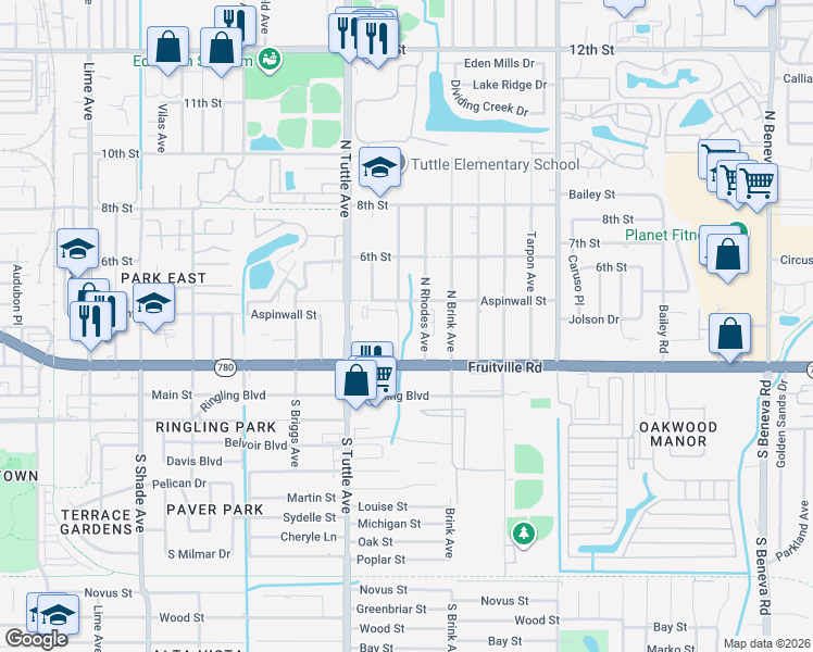 map of restaurants, bars, coffee shops, grocery stores, and more near 2803 Fruitville Road in Sarasota