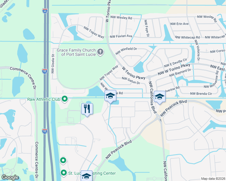 map of restaurants, bars, coffee shops, grocery stores, and more near 6033 Northwest Wolverine Road in Port St. Lucie